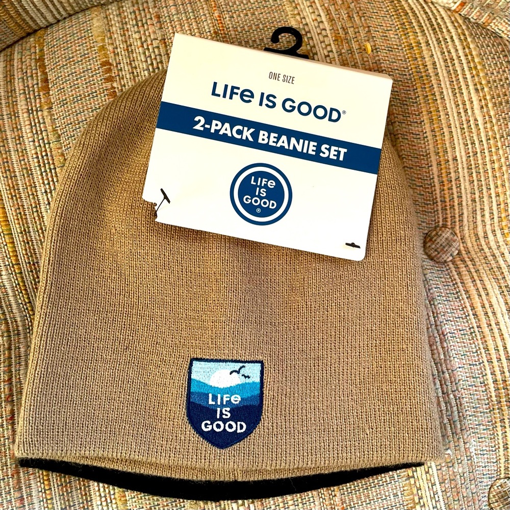 LIFE IS GOOD NEW Unisex set of 2 Beanies Hats Tan Black NWT Winter